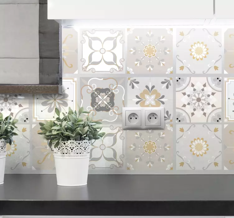 Sticker carrelage motifs floraux gris et bruns - TenStickers