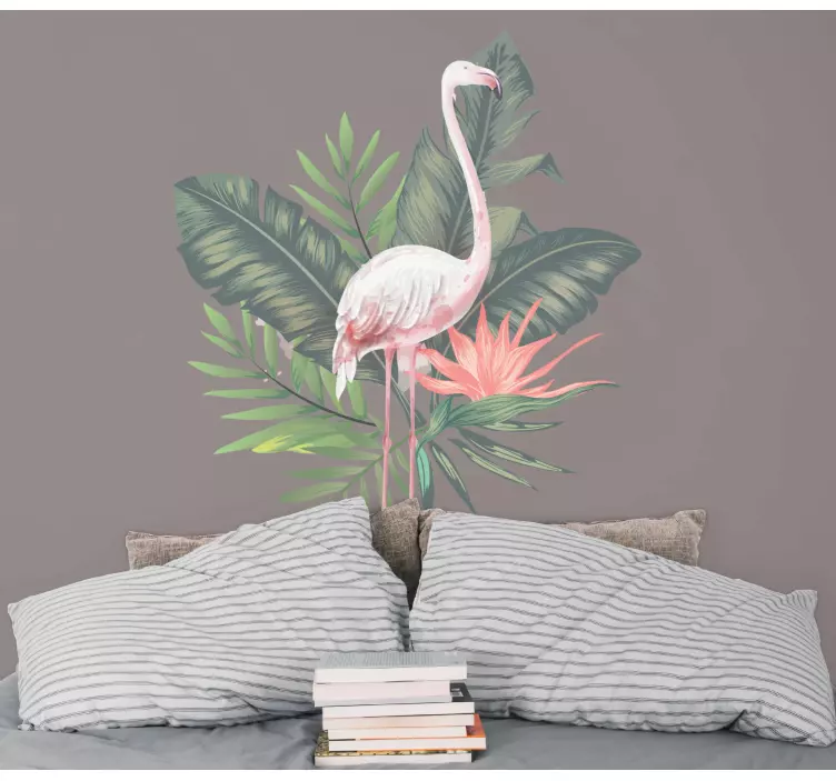 Sticker oiseau flamant rose et feuilles de monstera - TenStickers