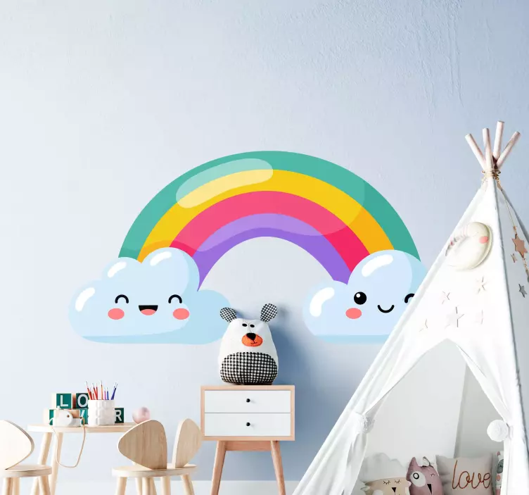 Sticker Illustration Arc en ciel avec des nuages heureux - TenStickers