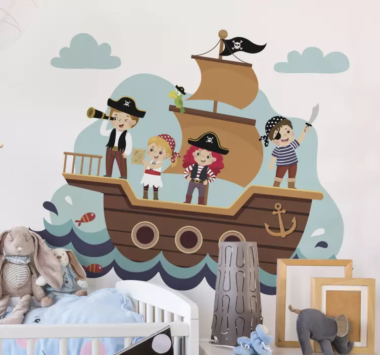 Sticker chambre enfant illustration pirates et bateau - TenStickers