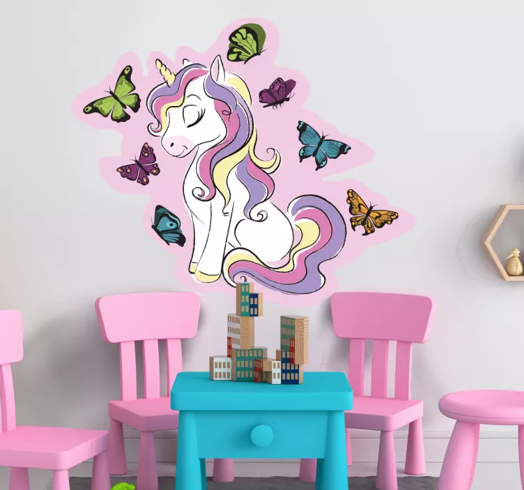 Sticker mural licorne magique et papillons multicolores - TenStickers