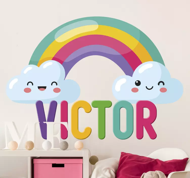 Sticker prénom et arc-en-ciel avec nuages bleus - TenStickers