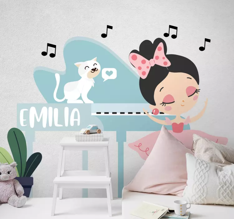 Sticker princesse avec un chat et un piano - TenStickers