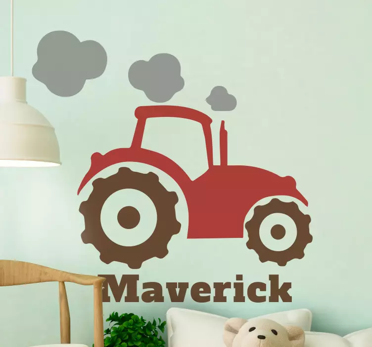 Sticker Jouet Tracteur rouge et marron avec nom - TenStickers