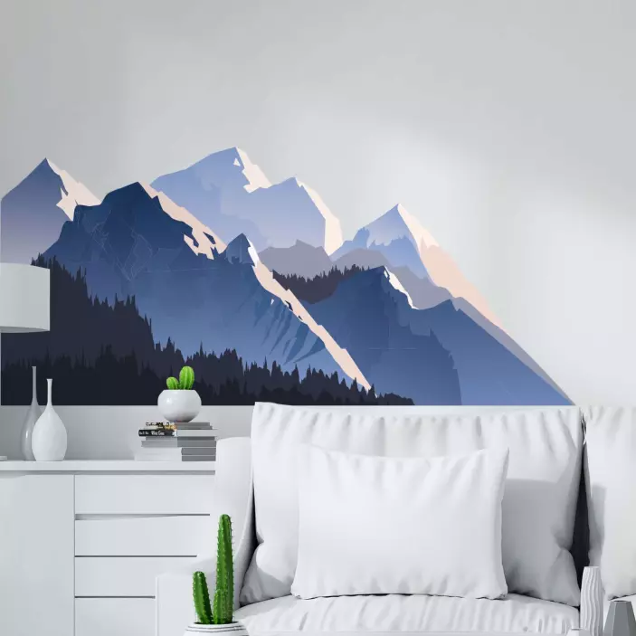 Grand Sticker Mural Paysage Montagnes Bleues – Tissu Repositionnable 240x200 Cm