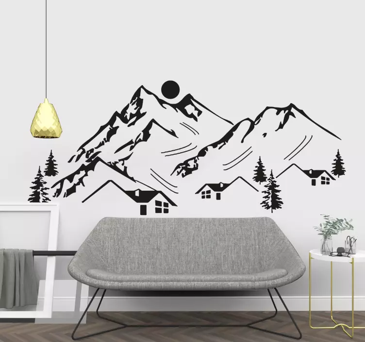 Adhésif mural montagne avec petite maison d'hiver - TenStickers