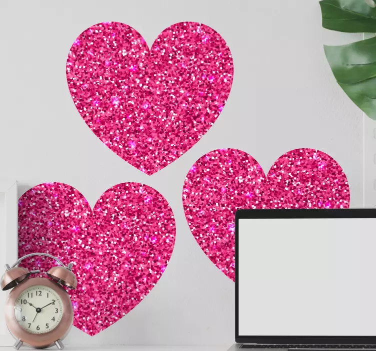 Sticker mural chambre coeur rose avec paillettes - TenStickers