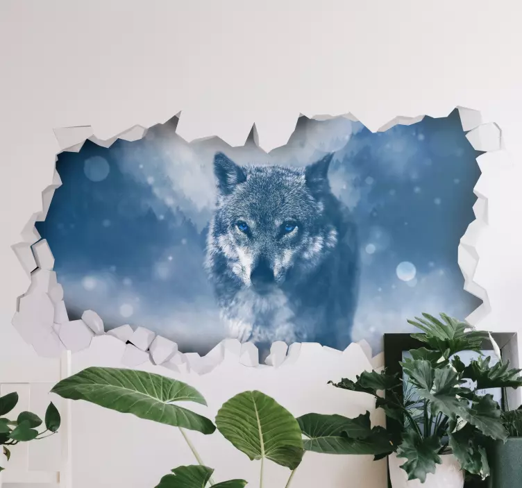 Sticker mural salon 3D loup dans la neige - TenStickers