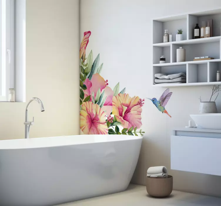 Sticker salle de bain fleurs et colibri - TenStickers