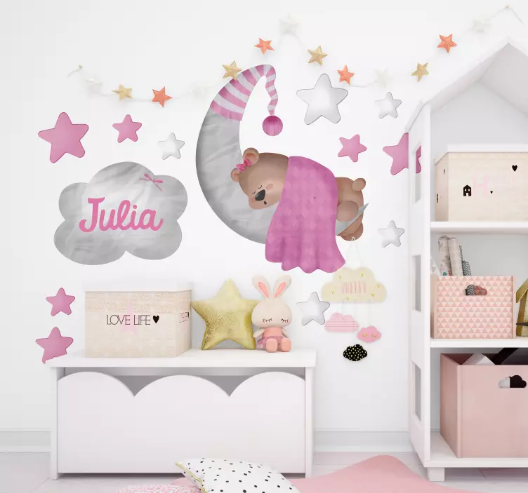 Sticker chambre bébé ourson et lune avec prénom - TenStickers