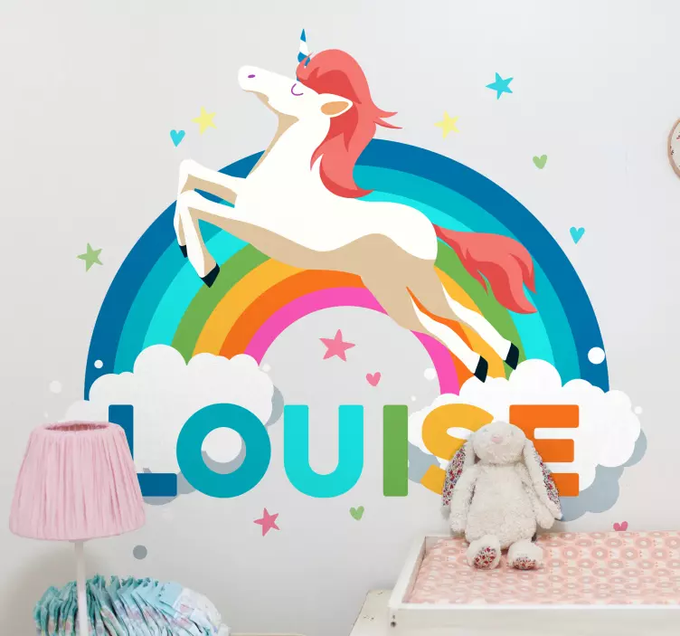 Sticker Enfant Licorne blanche et arc-en-ciel - TenStickers