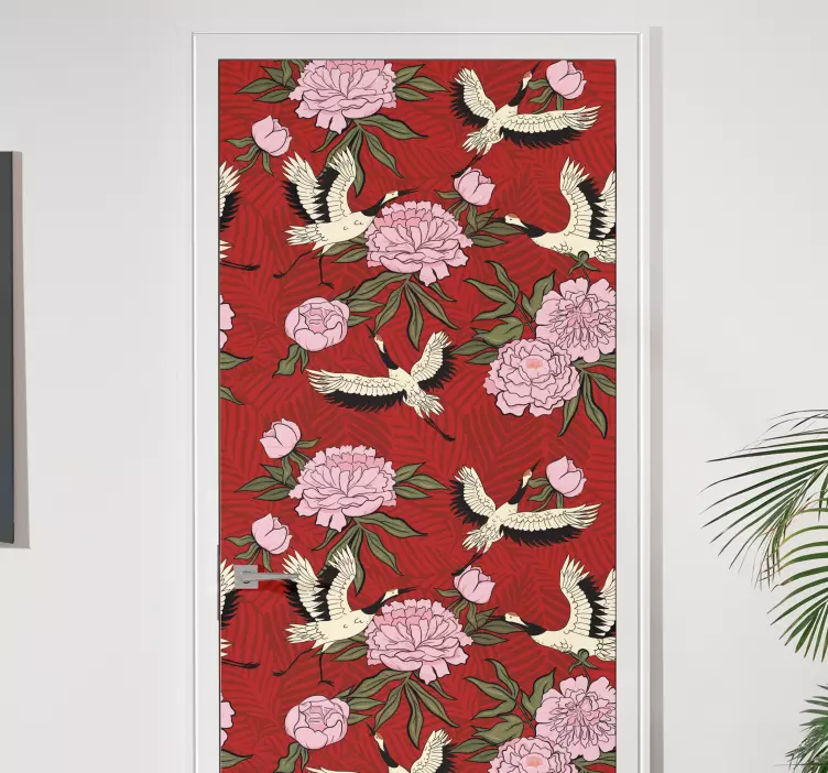 Sticker porte motif de grue florale - TenStickers