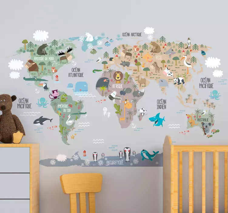 Sticker chambre enfant carte du monde animaux - TenStickers
