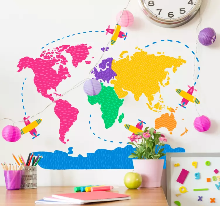 Sticker carte du monde et avions chambre enfant - TenStickers