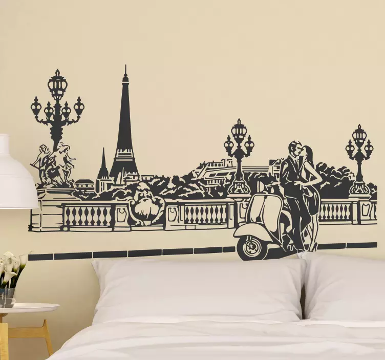 Sticker Paris paysage vintage couple sur moto - TenStickers