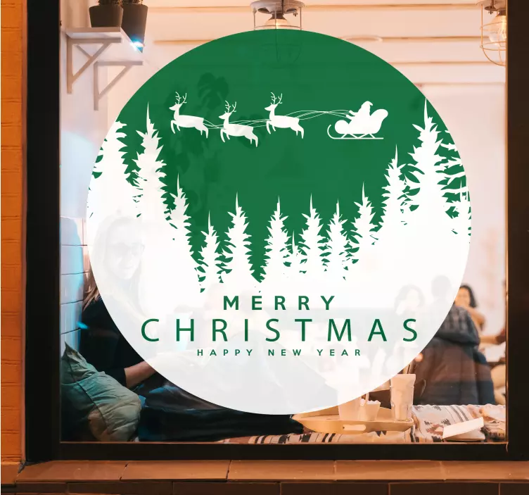 Sticker Noël vitrine rond paysage vert et blanc - TenStickers