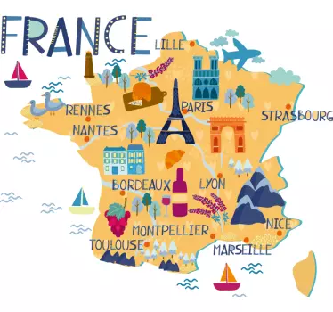 Sticker carte de France villes et dessins - TenStickers