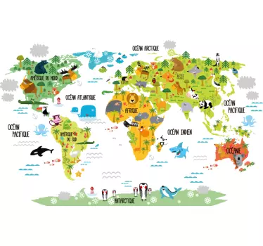Sticker chambre enfant carte du monde en français animaux - TenStickers