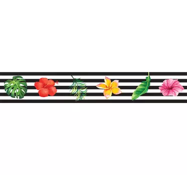 Frise murale adhésive lignes noires et blanches et fleurs - TenStickers