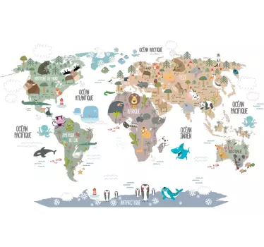 Sticker chambre enfant carte du monde animaux - TenStickers