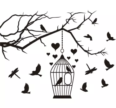 Sticker fenêtre oiseaux cage et branche - TenStickers