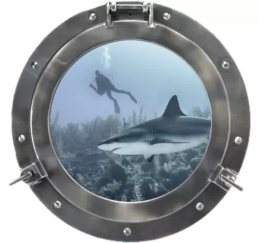 Sticker trompe l'œil requin à travers hublot - TenStickers