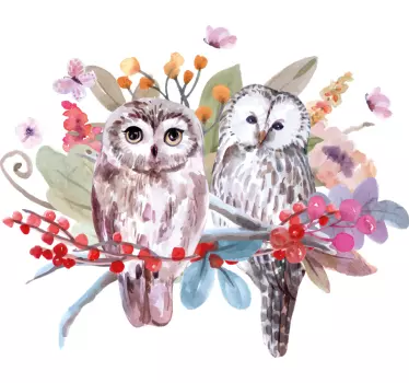 Sticker oiseaux dessin de chouettes et fleurs - TenStickers