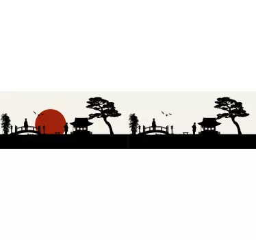 Frise murale adhésive paysage japonais arbres et oiseaux - TenStickers