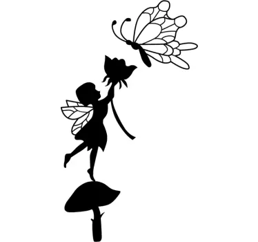 Sticker fleurs papillon et fée sur champignon - TenStickers