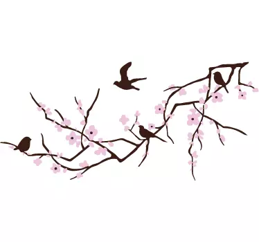Sticker fleurs rose et oiseaux sur branches - TenStickers