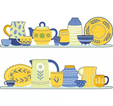 Sticker cuisine vaisselle jaune et bleue - TenStickers