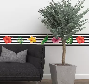 Frise murale adhésive lignes noires et blanches et fleurs - TenStickers