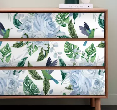 Sticker Meuble Fleurs bleues avec oiseaux - TenStickers