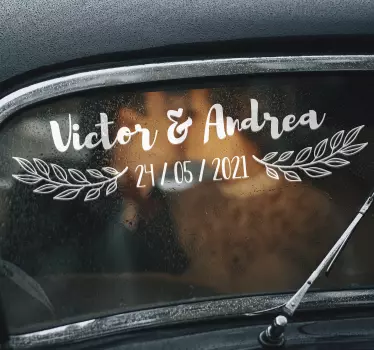 Sticker mariage prénom et date avec laurier - TenStickers