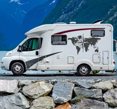 Sticker camping car carte du monde et boussole - TenStickers