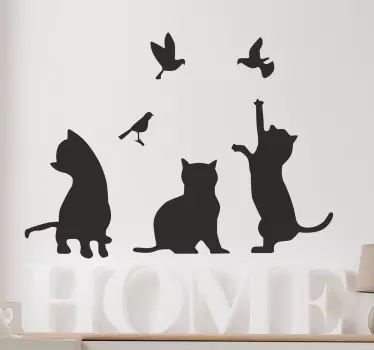 Sticker mural salon chats chassant des oiseaux - TenStickers