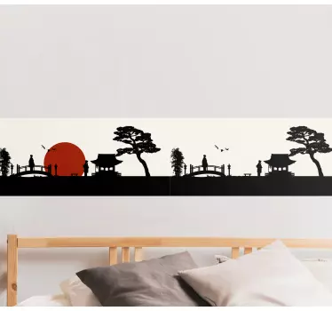 Frise murale adhésive paysage japonais arbres et oiseaux - TenStickers