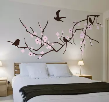 Sticker fleurs rose et oiseaux sur branches - TenStickers