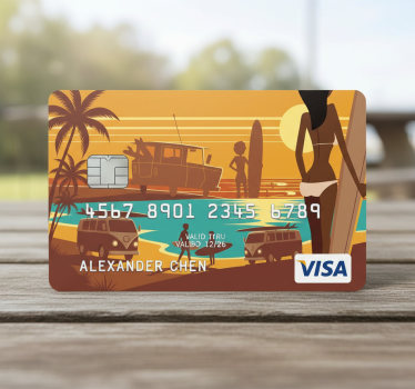 Sticker carte bancaire coucher de soleil rétro plage - TenStickers
