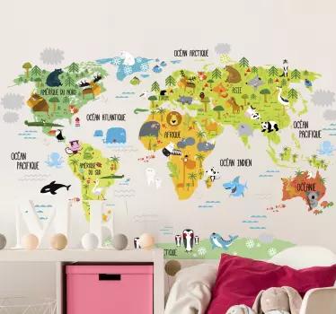 Sticker chambre enfant carte du monde en français animaux - TenStickers