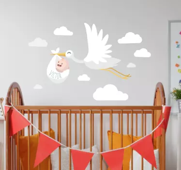 Sticker chambre bébé cigogne avec prénom - TenStickers