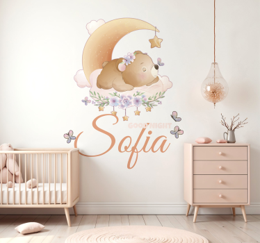 Sticker bébé ours et lune avec prénom - TenStickers