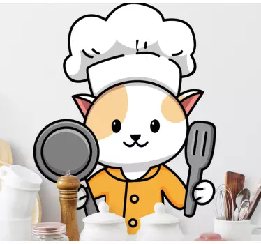 Sticker Chef chat mignon avec fourchette et cuillère - TenStickers