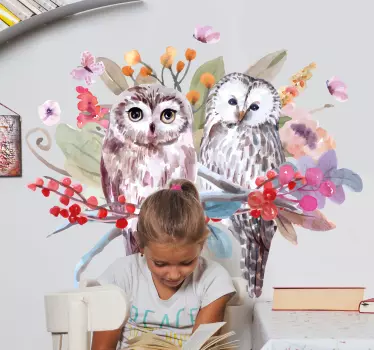 Sticker oiseaux dessin de chouettes et fleurs - TenStickers