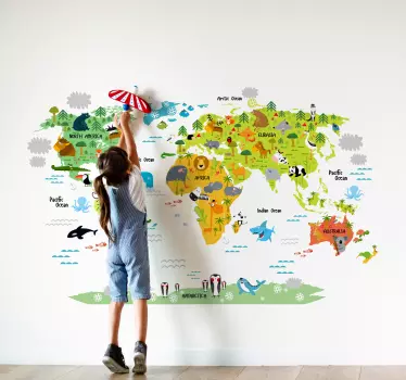 Sticker carte du monde enfant avec animaux - TenStickers
