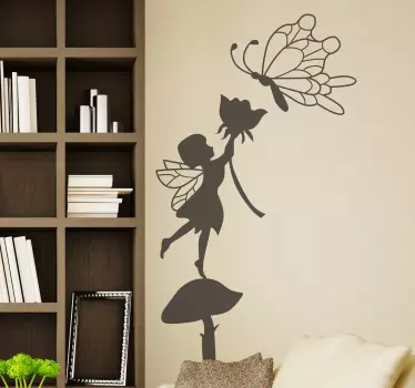 Sticker fleurs papillon et fée sur champignon - TenStickers