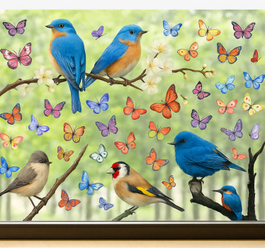 Sticker fenêtre fleurs et oiseaux colorés - TenStickers
