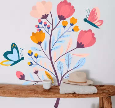 Sticker fleur fleurs vibrantes avec des papillons - TenStickers