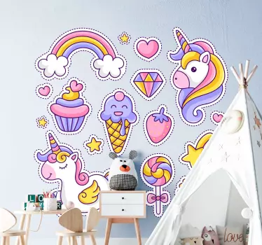 Sticker Mural Cinéma Licorne avec arc en ciel et trucs - TenStickers