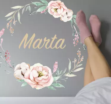 Sticker mural chambre fleurs prénom cercle de pivoines - TenStickers